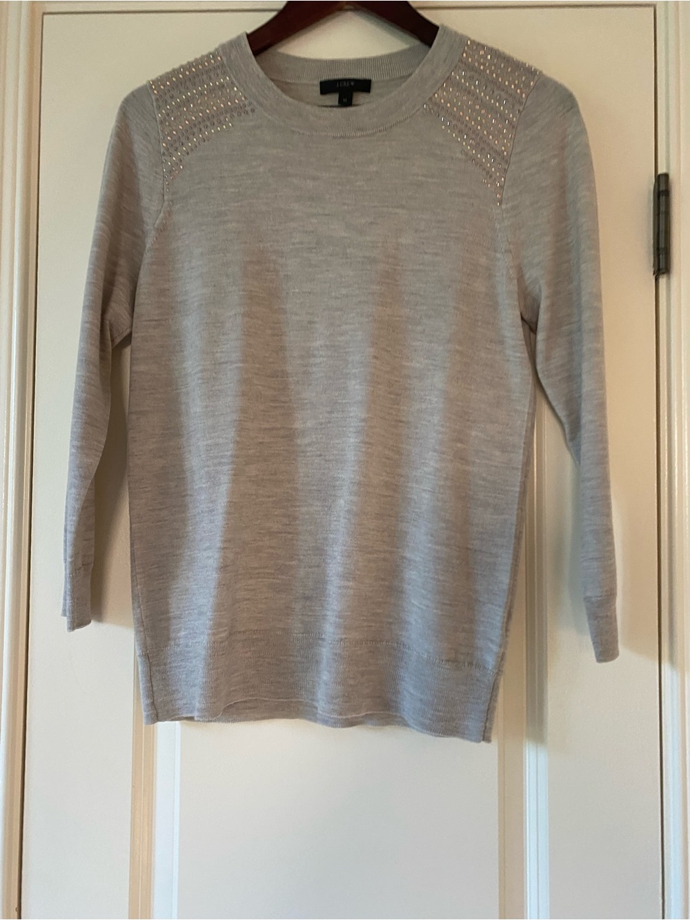J. Crew Light greige Crewneck Sweater with Shoulder Embellishments. M
